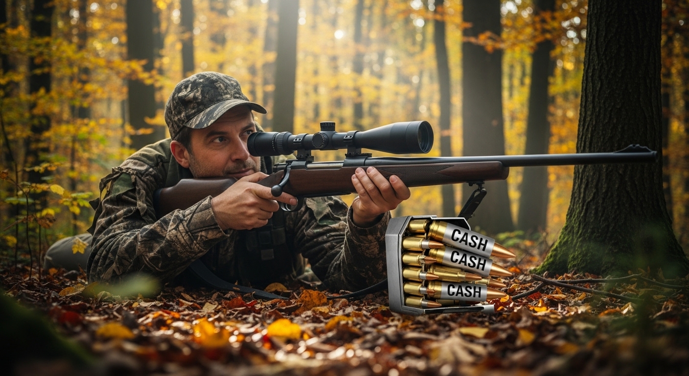 A hunter (investor) hiding in the forest (stock market) patiently waiting for the right moment, with bullets labeled 'Cash' loaded in his gun.