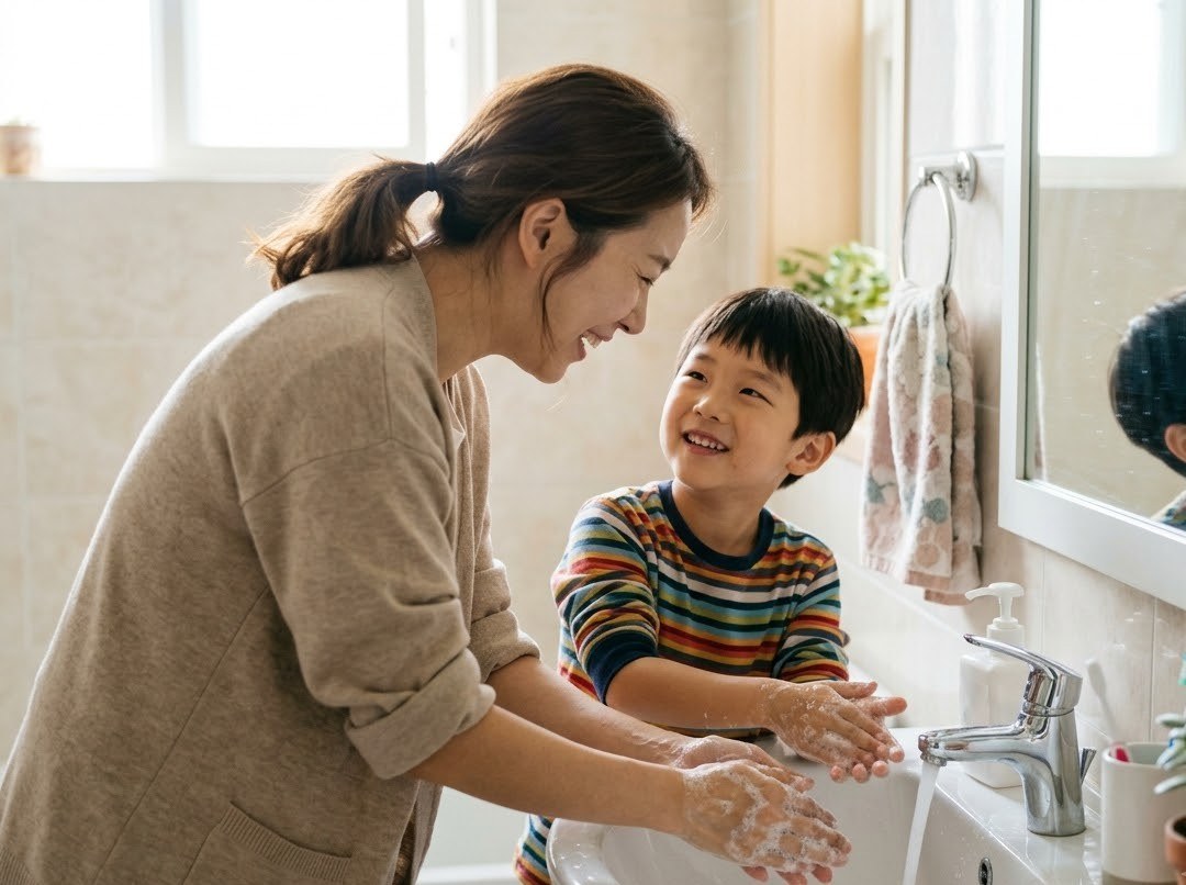 엄마와 아이가 함께 손을 씻는 모습
