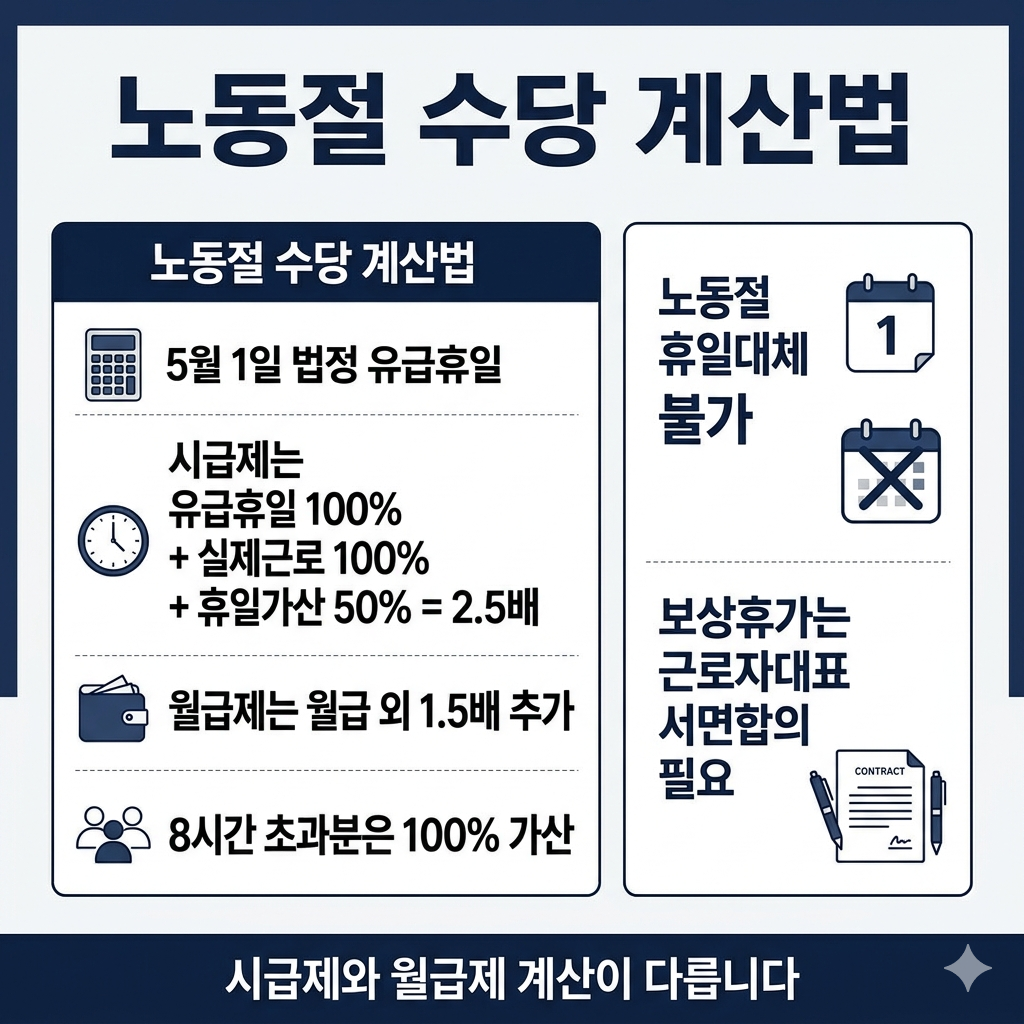 노동절 2.5배 수당 계산 방법 근로자의 날 시급제&middot;월급제 차이와 대체휴무 조건 인포그래픽