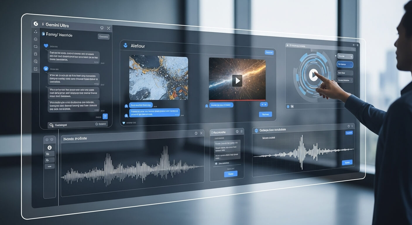 구글 제미니 울트라의 멀티모달 기능을 활용하여 텍스트, 이미지, 비디오를 동시에 분석하는 사용자 인터페이스