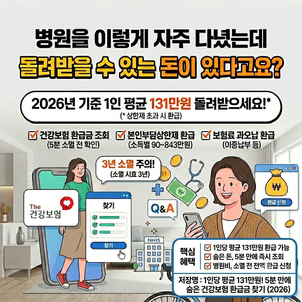 두 명의 여성 캐릭터와 다양한 그래픽 요소가 배치되어 있습니다. 왼쪽 여성은 대형 스마트폰 화면에서 걸어 나오며 'The 건강보험' 앱 아이콘과 '환급금 조회/신청' 화면을 보여줍니다. 스마트폰 옆에는 병원과 NHIS 건물이 있습니다.