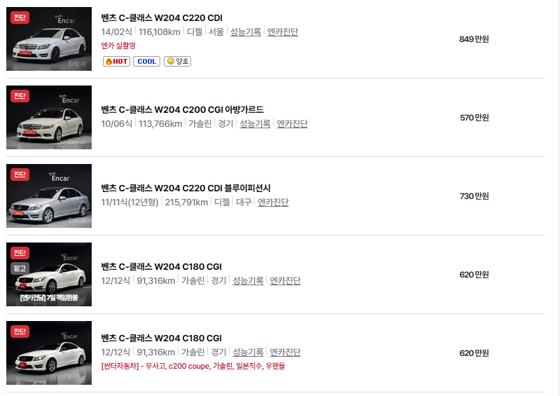 벤츠 c 클래스 중고차 가격 시세표 유지비