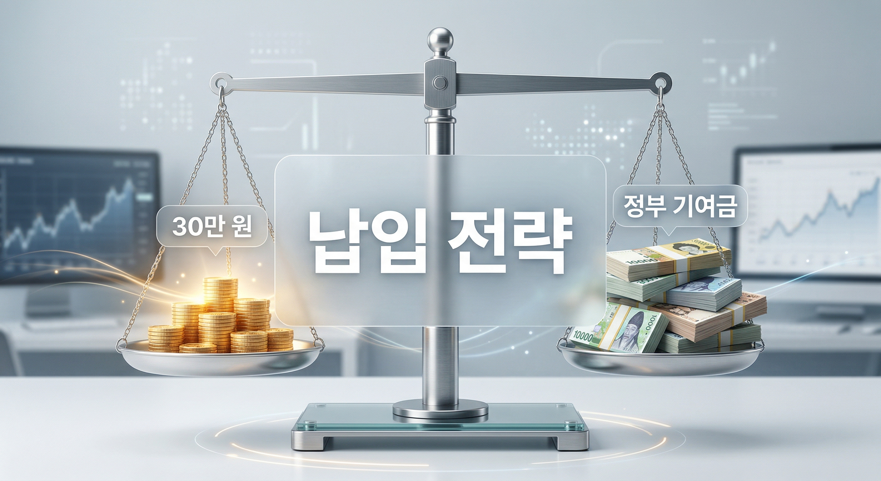 30만 원과 정부 기여금이 균형을 이루는 저울 배경에 '납입 전략'이라는 한글 문구가 중앙에 적힌 3D 일러스트