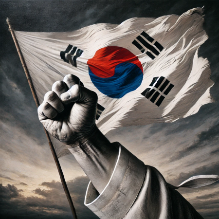 바람에 휘날리는 태극기와 주먹을 불끈 쥔 한복 차림의 손. 배경에는 어두운 구름이 드리워져 있다.