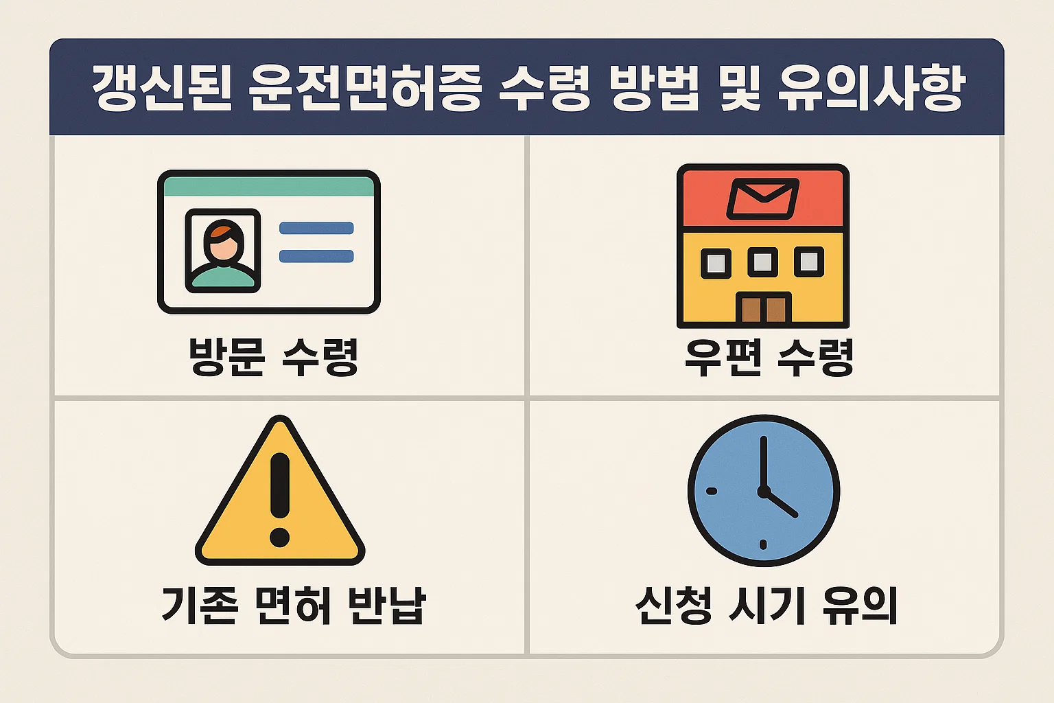 운전면허증 갱신 후 수령 방법과 유의사항을 안내하는 인포그래픽으로, 방문 수령 및 우편 수령 절차, 기존 면허증 반납, 신청 시기 주의점 등 면허 갱신 완료 후 필수 확인사항을 담은 이미지입니다.