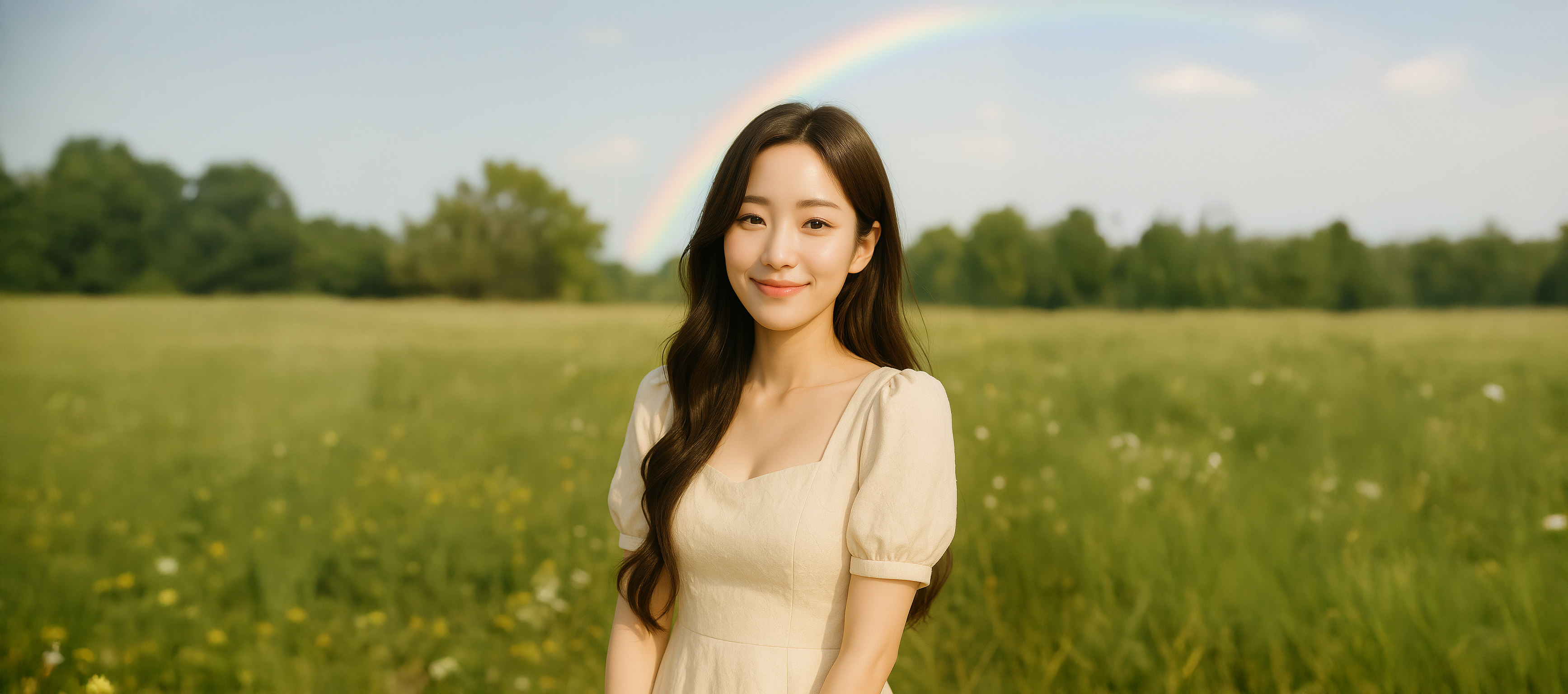 무지개를 배경으로 사진찍는 여자