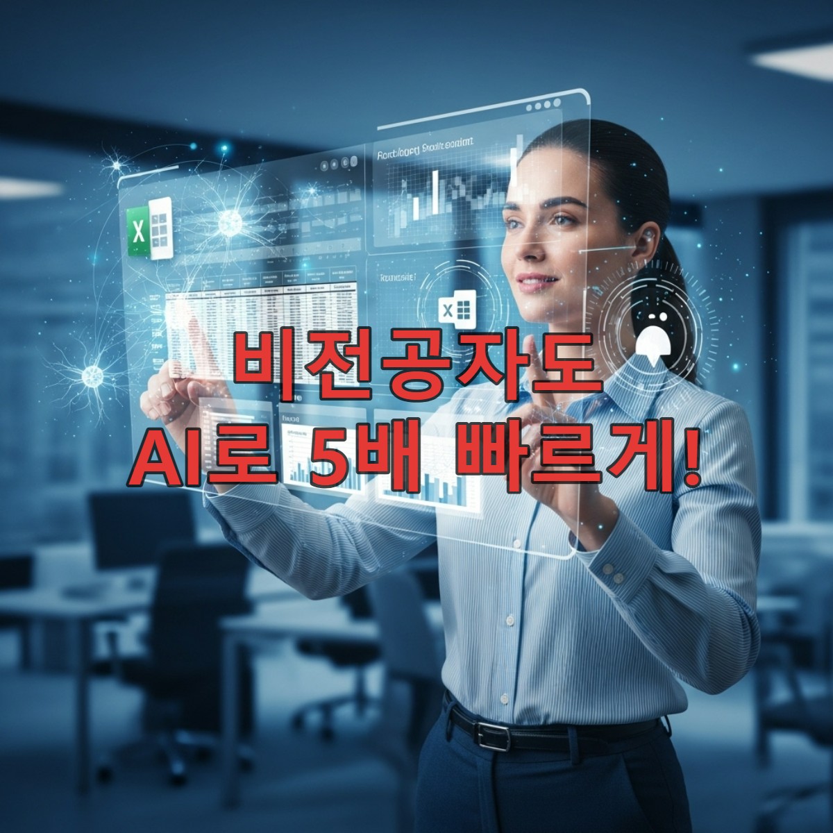 2025년, 비전공 직장인이 AI 코파일럿을 활용해 엑셀과 PPT 업무를 효율적으로 처리하며 여유롭게 미소 짓는 모습
