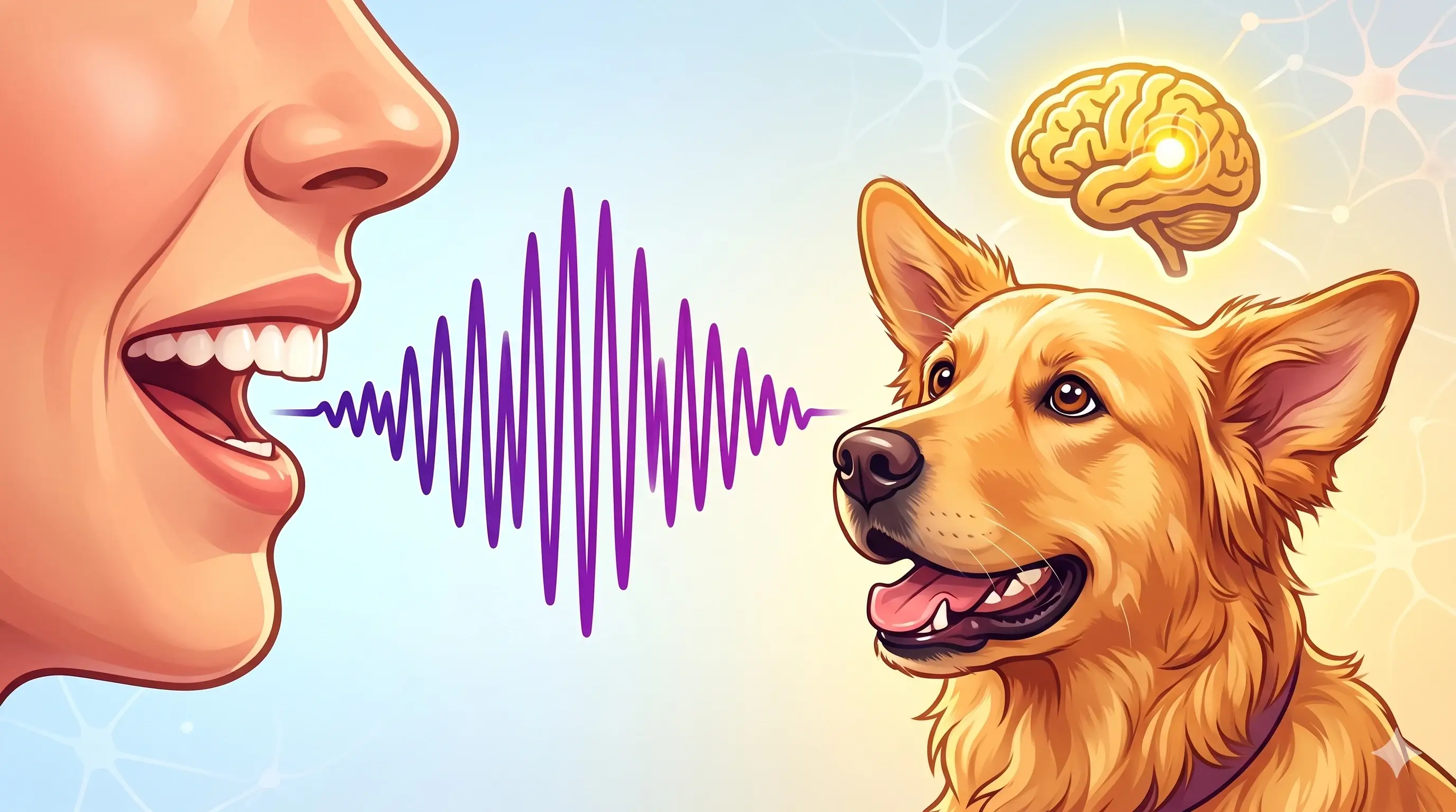 보호자의 높은 피치 목소리(도그 다이렉티드 스피치)가 반려견의 청각 피질을 활성화하는 과정을 시각적으로 표현한 이미지