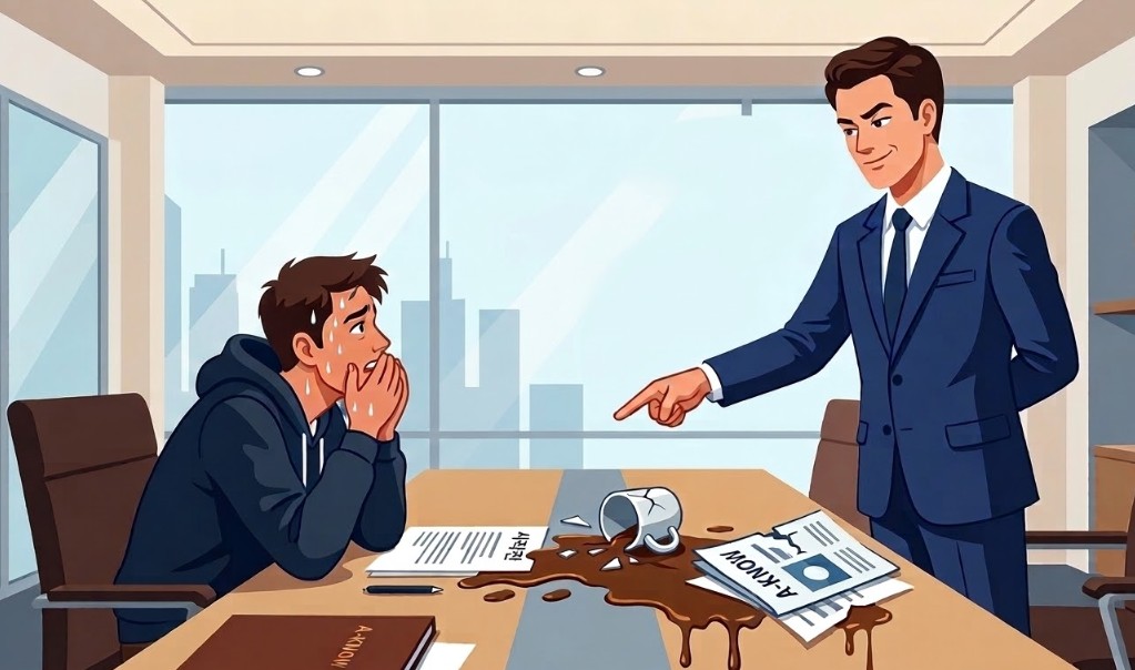 회의실에서 엎질러진 커피 잔을 가리키며 거만하게 훈수 두는 남자와 그 앞에서 땀을 흘리며 억울해하는 직장인의 모습