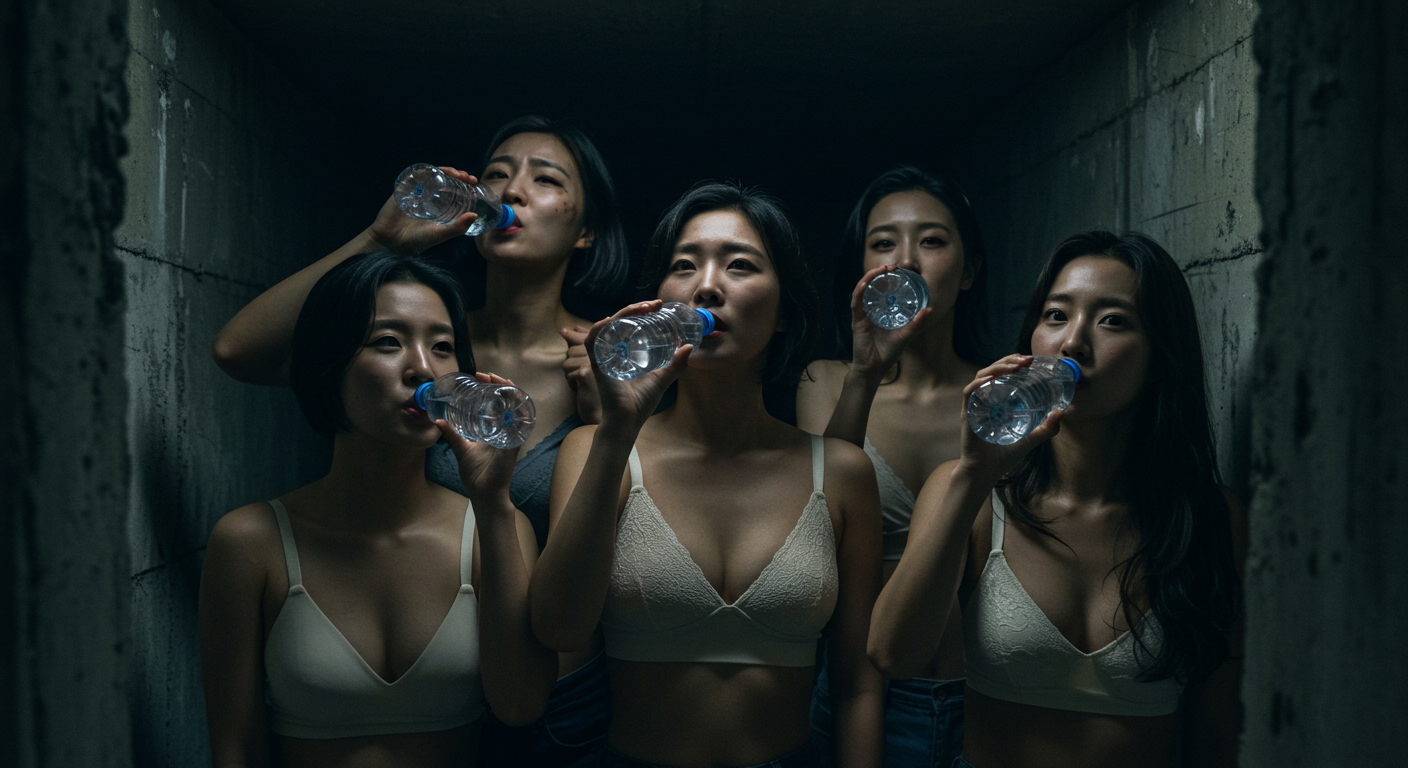 방공호에서 물을 마시는 여성들