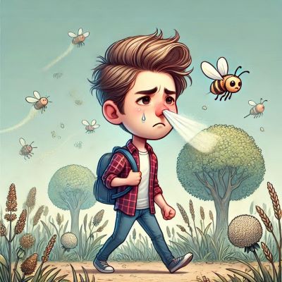 꽃가루 알러지로 인해 눈물, 콧물을 흘리며 걷는 젊은 남성