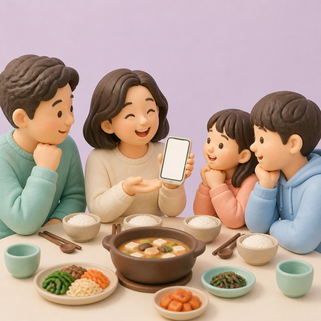 저녁 식탁에서 가족에게 휴대폰 문자를 보여 주며 웃는 30대 여성