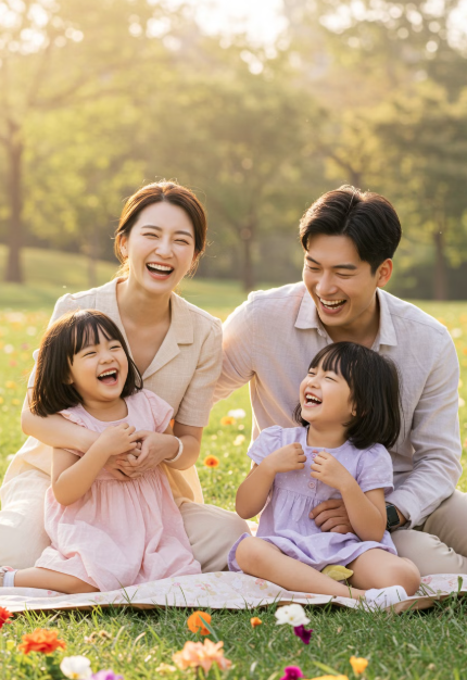 가족이 환하게 웃으면서 풀밭에 앉아있는 모습