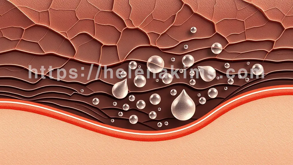 깊게 파인 주름 아래 빈 공간에 반짝이는 물방울 형태의 히알루론산 분자들이 정교하게 채워지며 볼륨이 차오르고 주름선이 부드럽게 펴지는 과정.