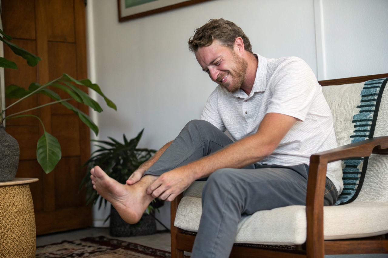 간지러운 발을 긁고 있는 남성