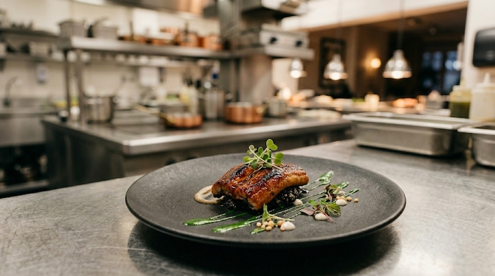 sous-vide eel and fresh chive oil