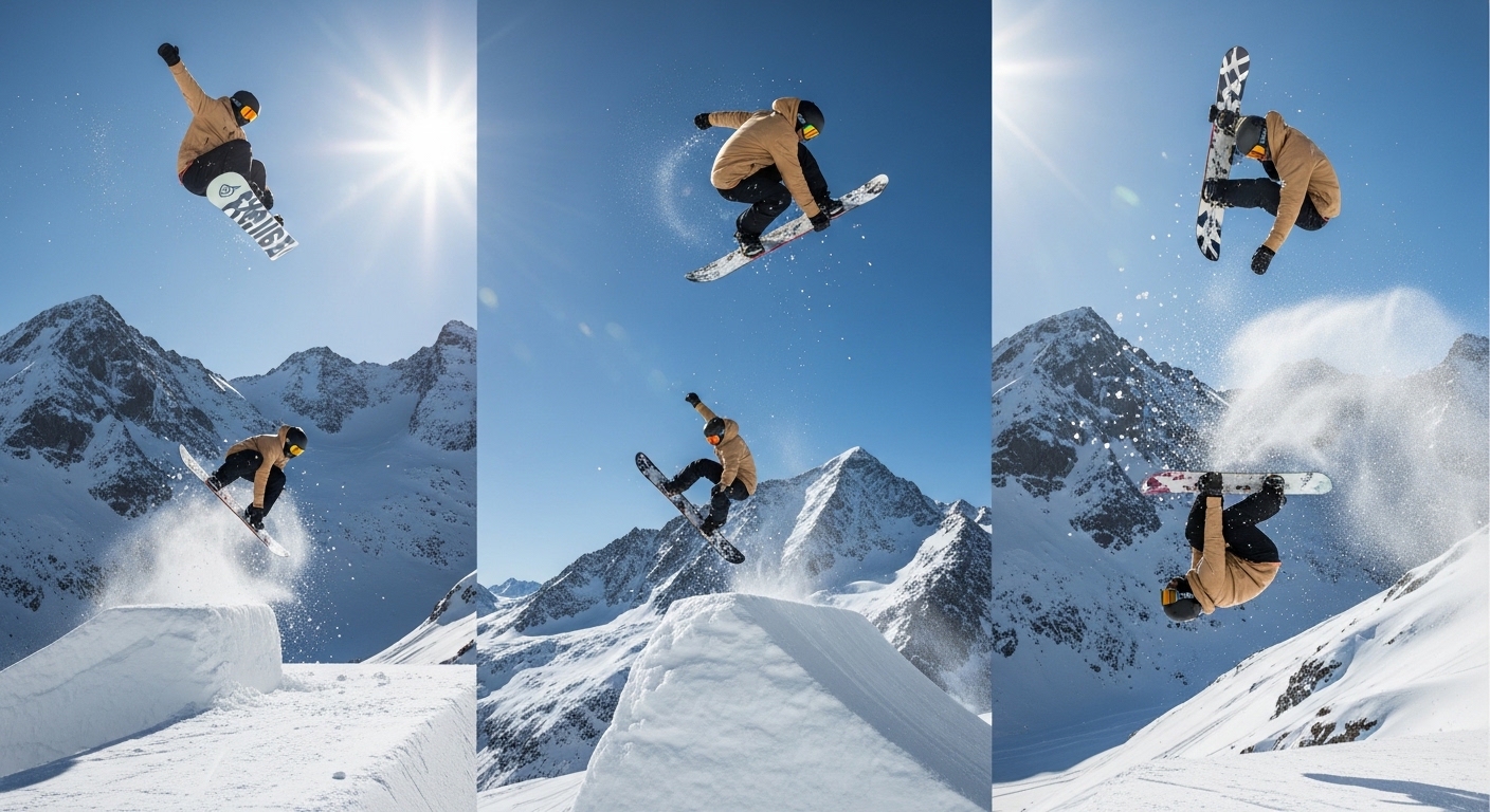 차준환 스타일의 유연한 포즈로 공중 부양 중인 동양인 스노보드 유망주의 예시 이미지