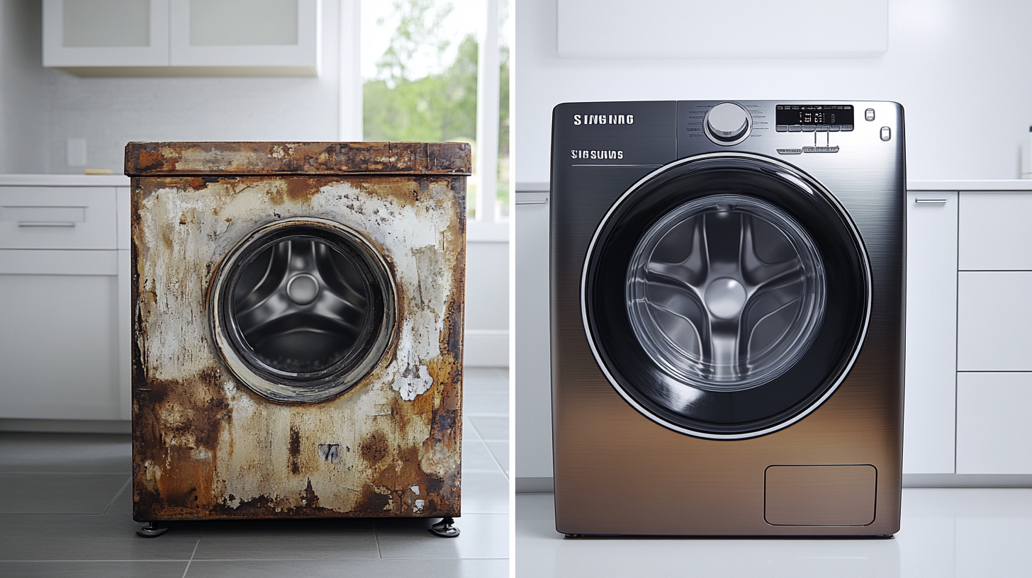 낡고 오래된 세탁기와 삼성의 최신 고급 세탁기 콤보를 나란히 비교한 이미지, 용량과 디자인의 차이점을 명확히 보여줍니다.