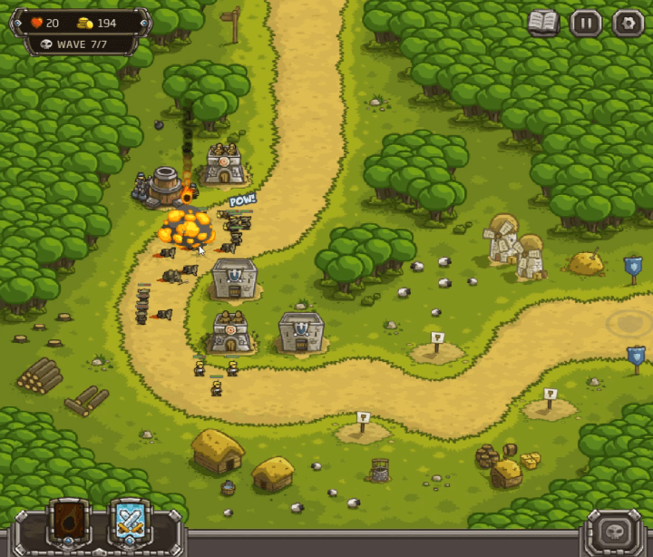 킹덤러쉬-플래시게임-플레이-폭탄-타워를-설치하여-적을-공격하는-장면