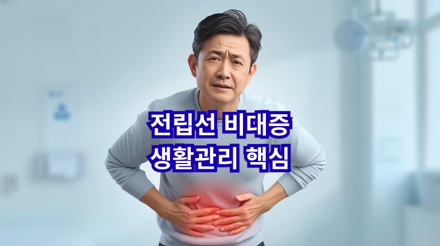 중년 남성이 전립선 불편함으로 아랫배를 잡고 있는 모습을 표현한 건강 일러스트