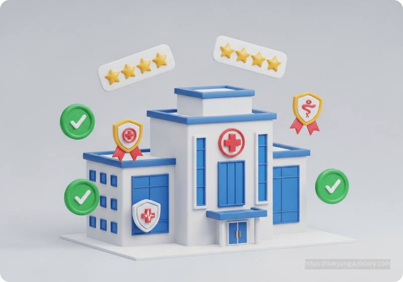 평가등급이 높은 우수 장기요양기관을 나타내는 별점과 건물 3D 아이콘