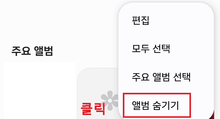 앨범 숨기기 메뉴 클릭함