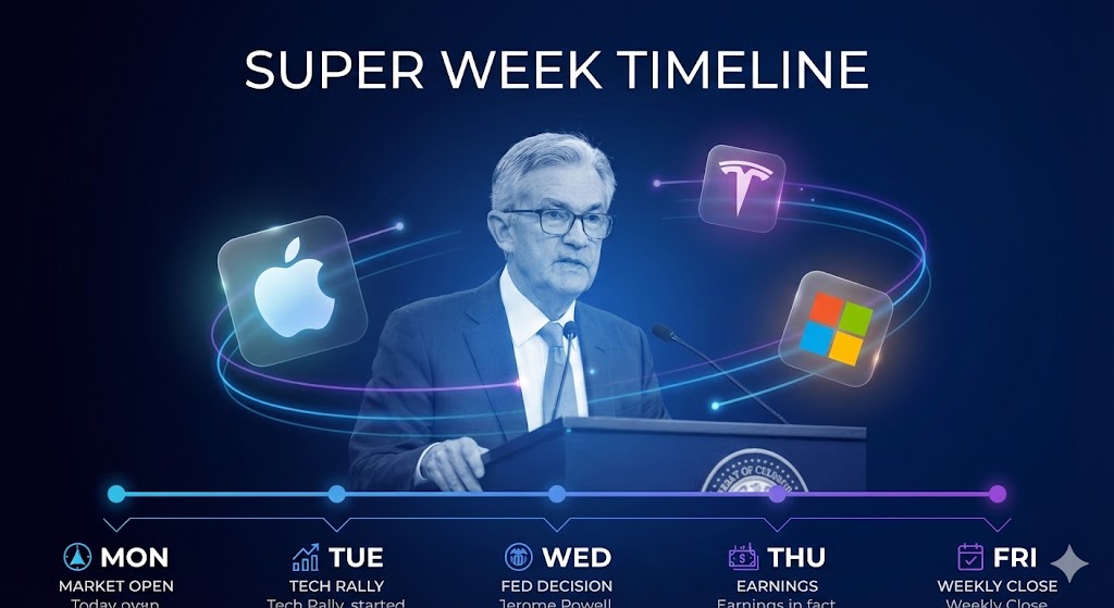 파월 의장의 기자회견 장면과 M7 기업들의 로고가 겹쳐진 '슈퍼 위크 타임라인' 인포그래픽