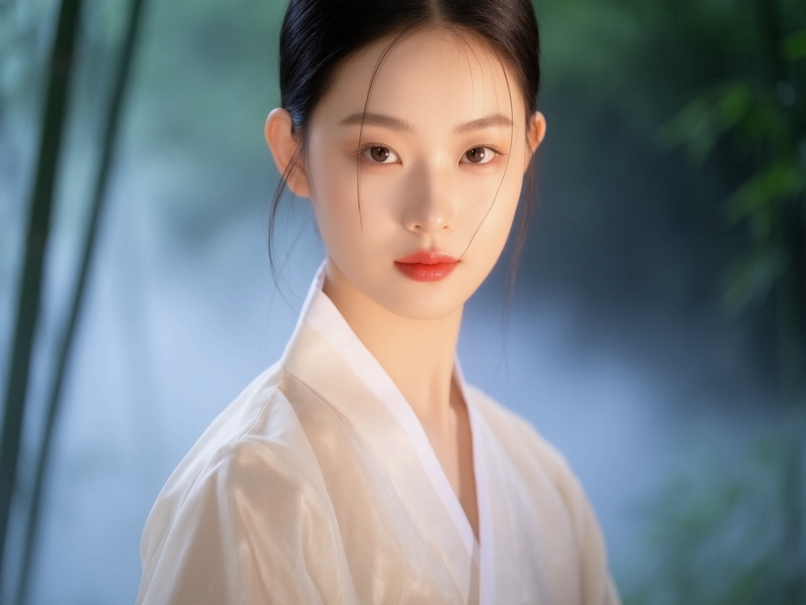 안개 낀 배경 속 한복 입은 여성의 자연스러운 모습.