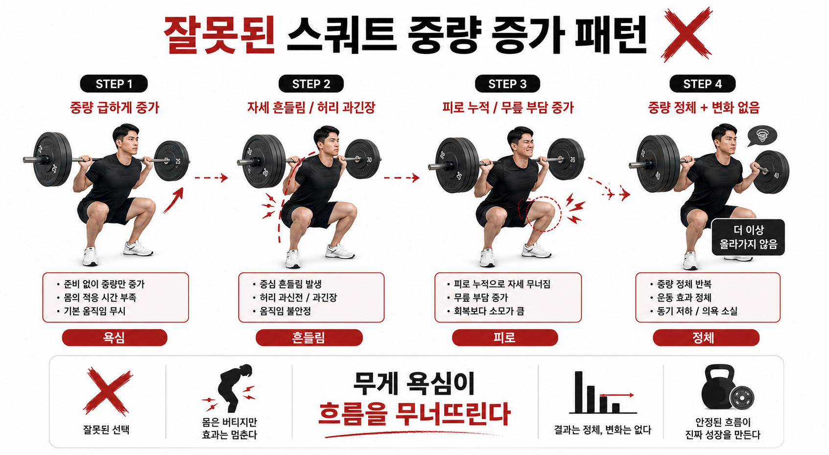 잘못된 스쿼트 중량 증가 패턴
