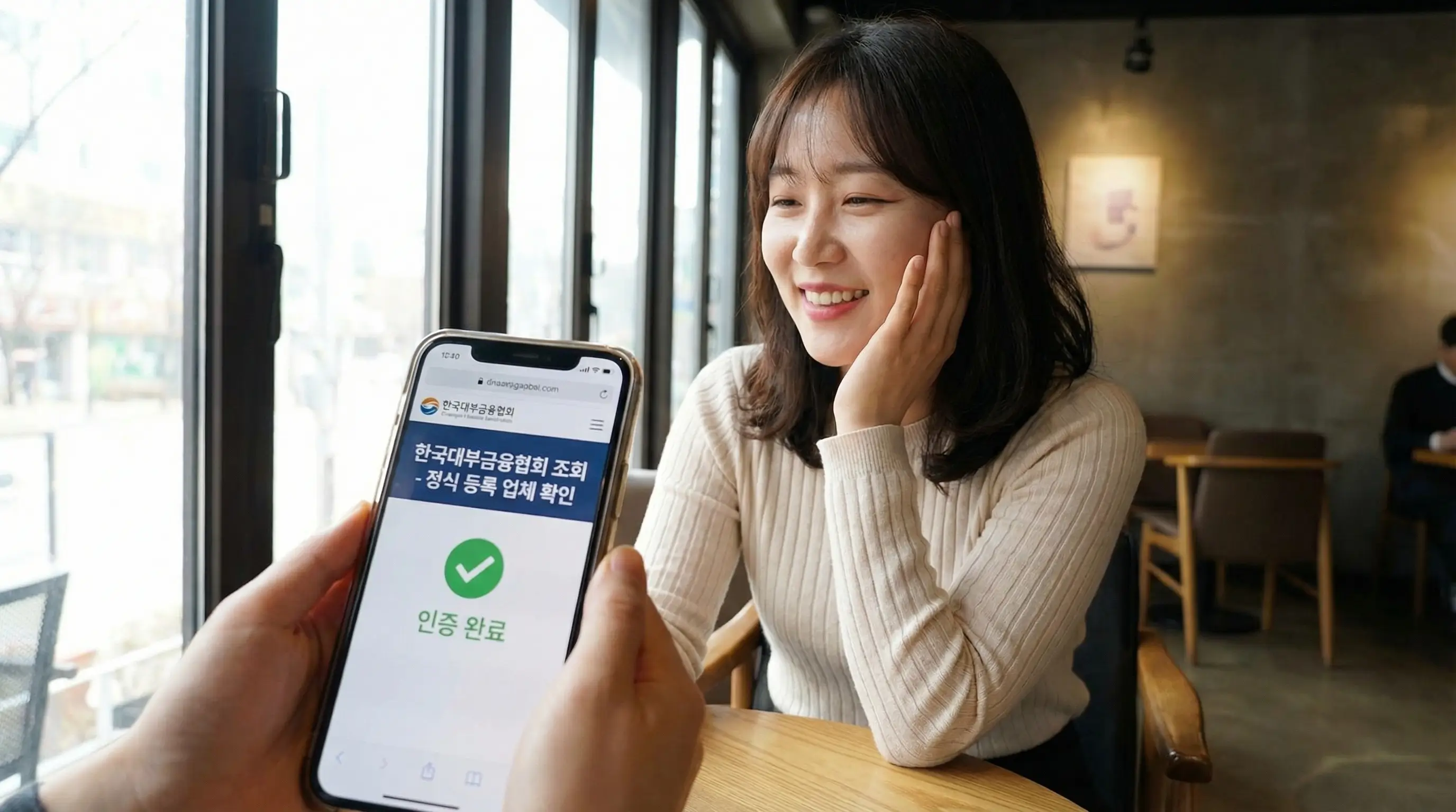 스마트폰으로 한국대부금융협회 조회를 통해 정식 등록 업체를 확인하고 안도하는 모습