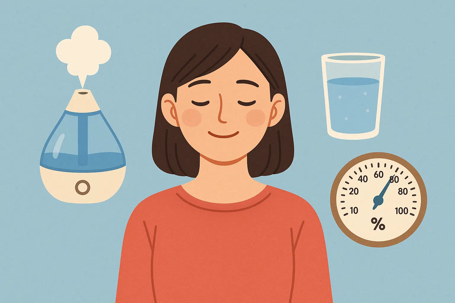 가습기와 물컵 아이콘, 실내 습도계 — 촉촉한 환경과 수분 섭취