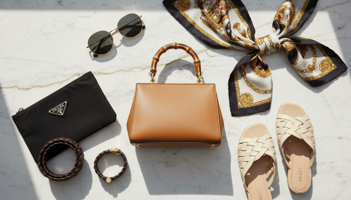 고급스러운 대리석 위에 놓인 구찌 뱀부백과 프라다 클러치 등 이탈리아 명품 브랜드 제품들의 세련된 모습