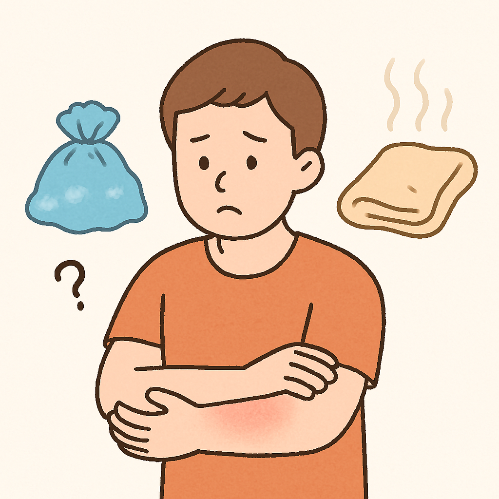 냉찜질과 온찜질을 고민하는 남성의 모습