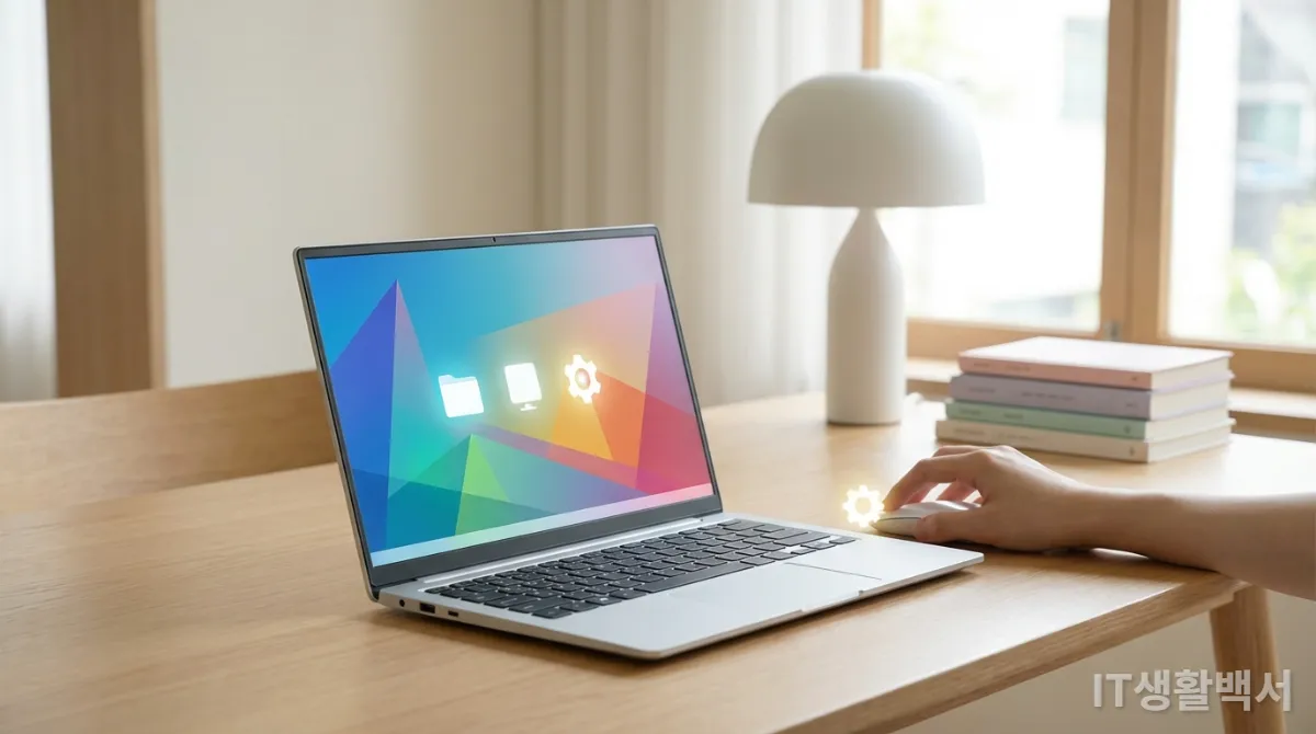 최적화된 윈도우 화면을 보여주는 노트북과 설정 아이콘을 클릭하는 손