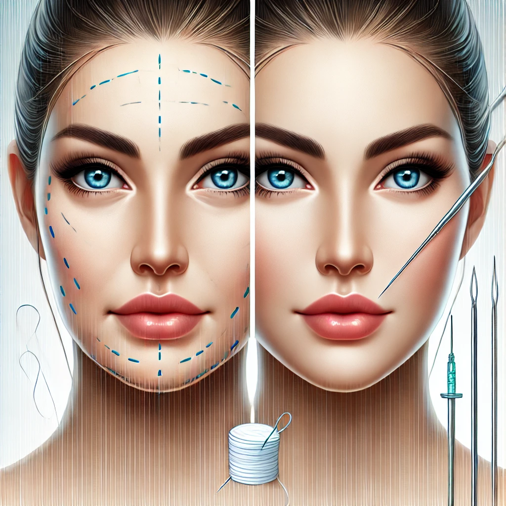 민트실리프팅의 핵심 내용을 보여주는 실사 썸네일. 왼쪽은 처진 피부를, 오른쪽은 민트실리프팅 시술 후 리프팅된 매끄러운 얼굴을 나타내며, 배경에는 비수술적 시술을 상징하는 실과 바늘이 은은하게 포함되어 있습니다.