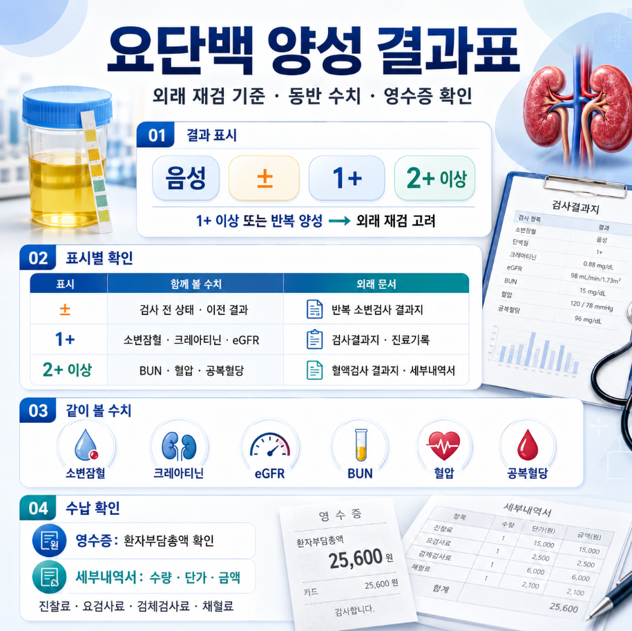 요단백 양성 결과표의 음성·±·1+·2+ 표시와 외래 재검 기준, 동반 수치, 영수증 확인 항목을 정리한 의료 인포그래픽