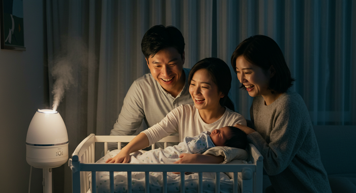 가족이 아기를 침대에 눕히는 장면