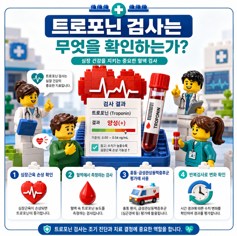 트로포닌 검사의 목적과 심장근육 손상 평가 핵심을 설명하는 레고 스타일 의료 인포그래픽