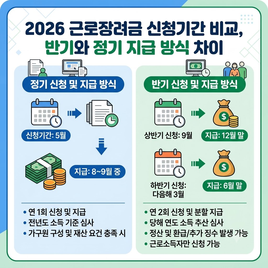 2026년 근로장려금 정기 및 반기 신청기간과 지급 방식 차이를 비교 안내하는 인포그래픽 대표 이미지