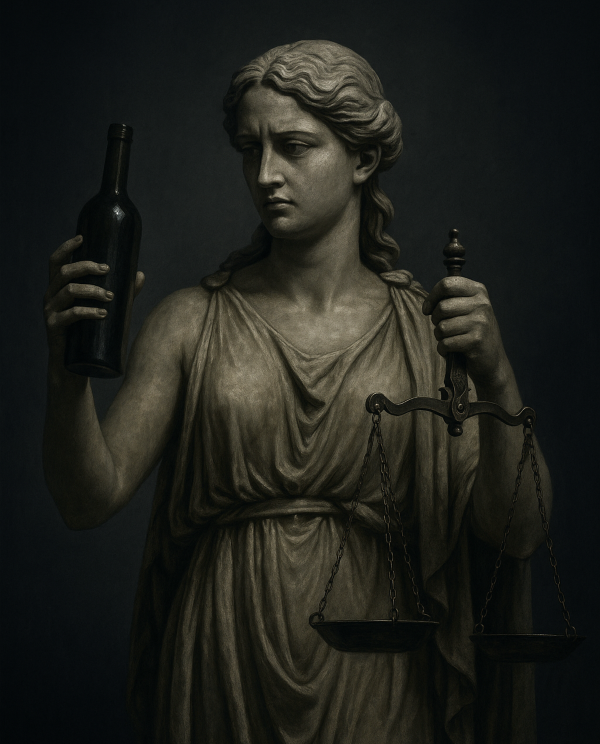 "눈가리개를 벗은 정의의 여신이 술병과 저울을 들고 있는 조각상 이미지. 법의 공정성과 책임의 의미를 상징적으로 표현."