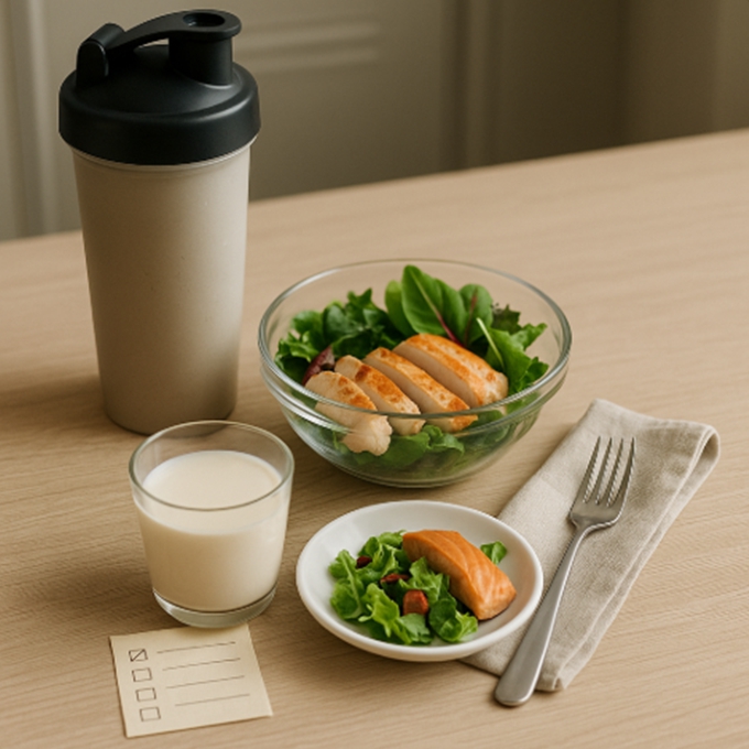 오늘의 단백질·칼로리·운동 체크를 한눈에 보여주는 정물.