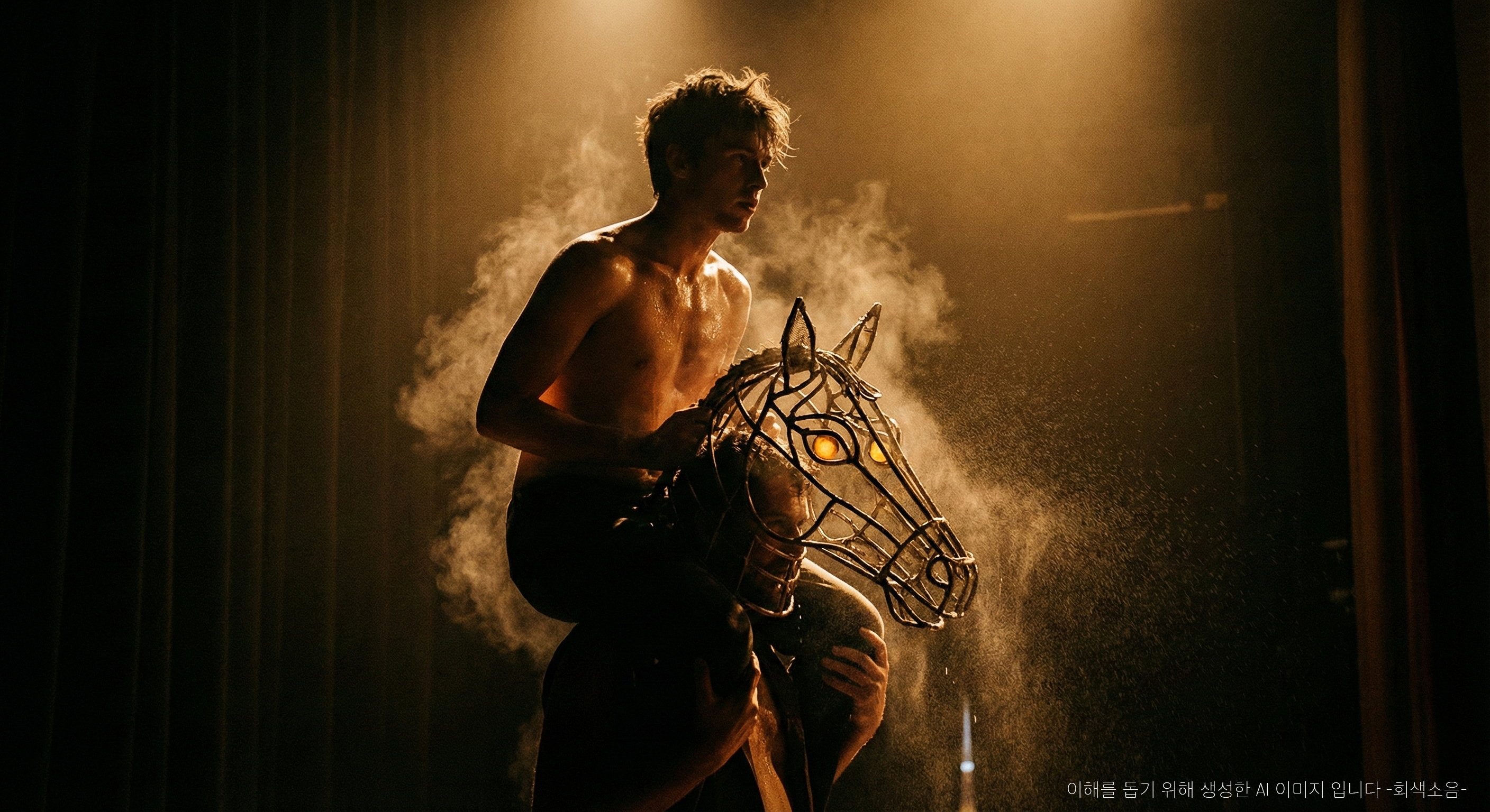 한밤의 기승 : 어두운 무대에서 금빛 역광 속에 철제 말 가면을 쓴 배우 위에 땀에 젖은 소년이 올라타 실루엣과 땀방울이 불타듯 드러나는 의식적인 공연 장면.