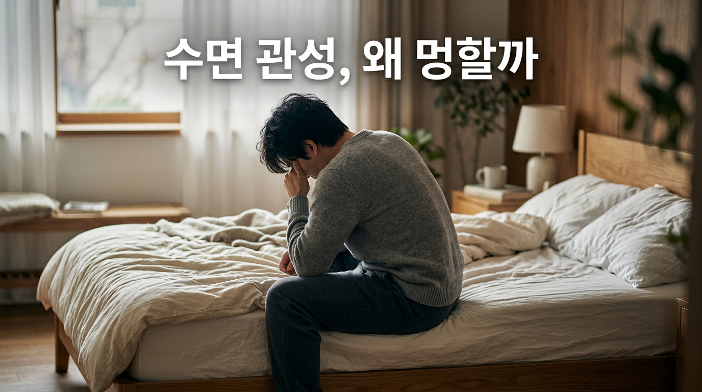 수면 관성으로 침대에서 멍하게 앉아있는 사람