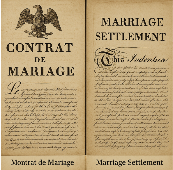 18~19세기의 프랑스(좌)와 영국(우)의 결혼계약서 이미지입니다.