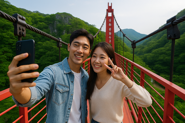 강천산 현수교 위에서 인증샷을 찍는 젊은 커플