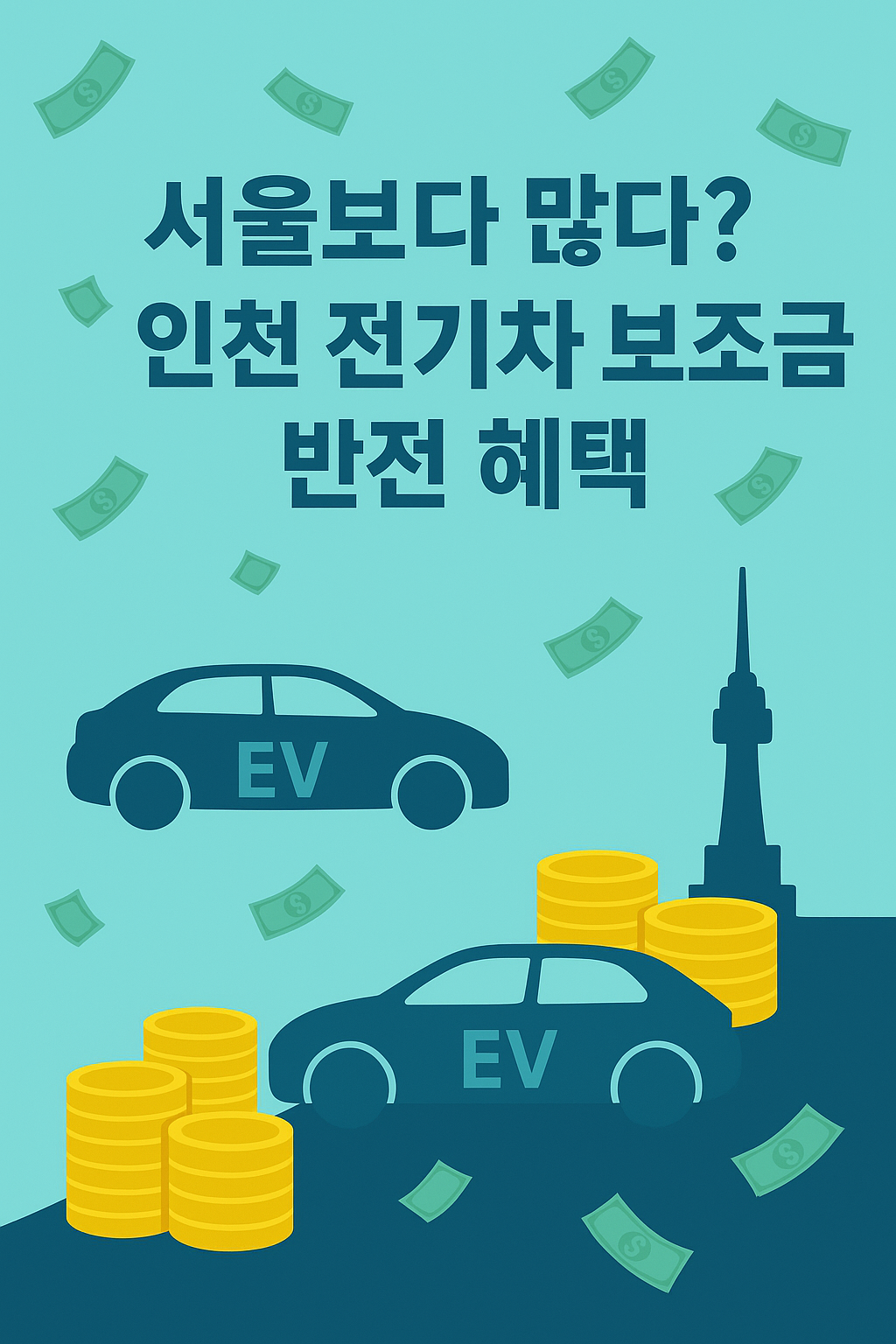 서울보다 인천이 더 많은 전기차 보조금을 받는 모습을 은유적으로 표현한 일러스트