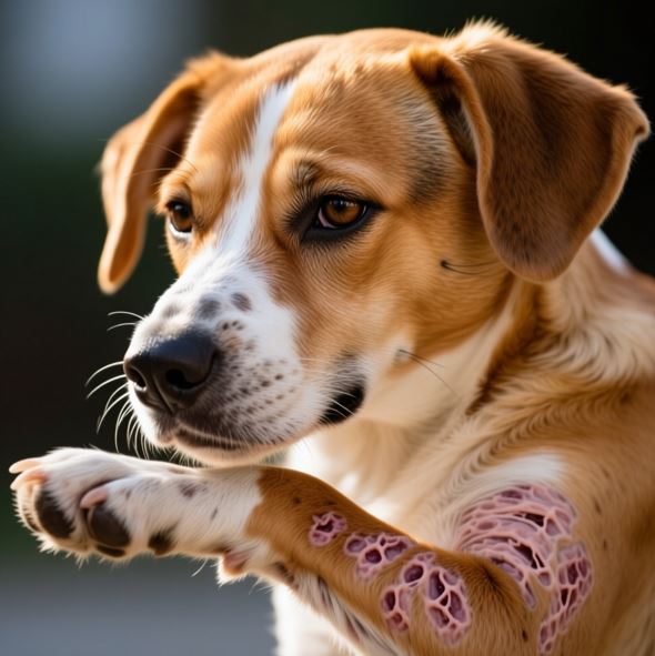 강아지가 음식 알레르기로 털이 빠지고 피부에 발진이 난 모습