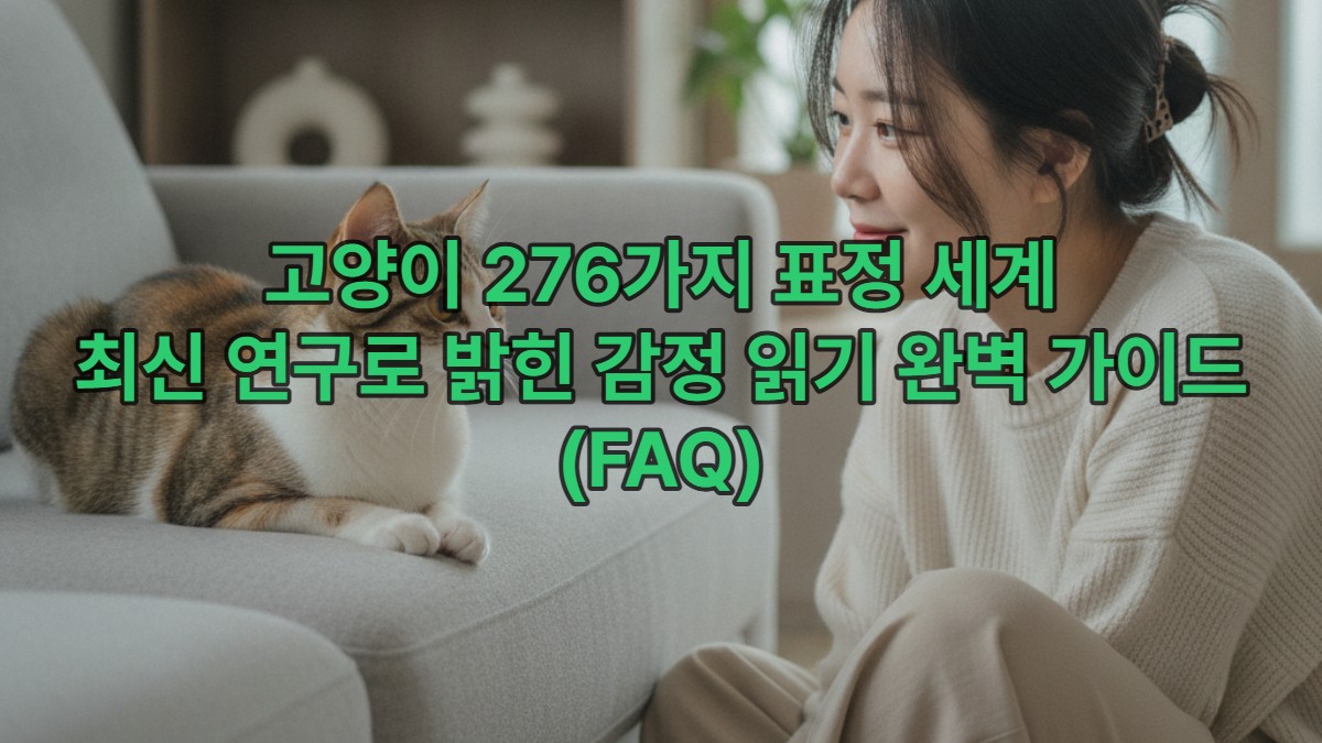 한 젊은 한국 여성이 자신의 고양이를 따뜻하게 바라보며 고양이의 미묘한 표정을 이해하려 노력하는 모습. 고양이와 사람의 깊은 유대감과 소통을 상징합니다.