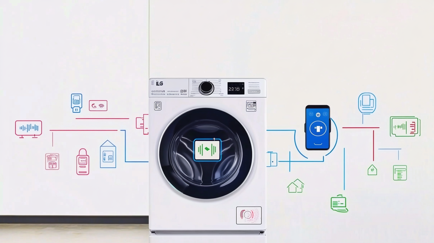 LG 트롬 세탁기가 스마트 홈 환경에서 스마트폰 앱을 통해 원격으로 제어되는 설정으로, 미래 지향적 아이콘이 디지털 인터페이스에 표시된 모습