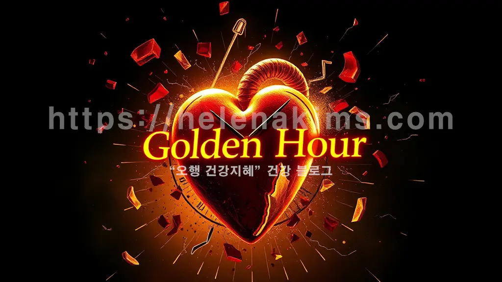 심장이 산산조각 나는 듯한 이미지가 중앙에 거칠게 표현되고, 그 파편들 사이로 급박하게 돌아가는 시계 바늘과 함께 'Golden Hour' 문구가 있는 모습.